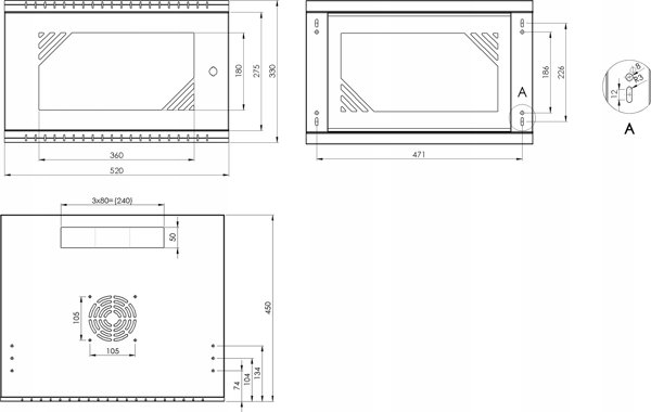 Szafa Lexi-NET 19 szafki scienne Basic 6U 520x450, szklane drzwi, bez tylu, rozlozony, szary