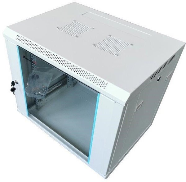 Szafa XtendLan XtendLan 19" nástěnný rozvaděč 12U 600x450, nosnost 60 kg, skleněné dveře, rozložený, šedý