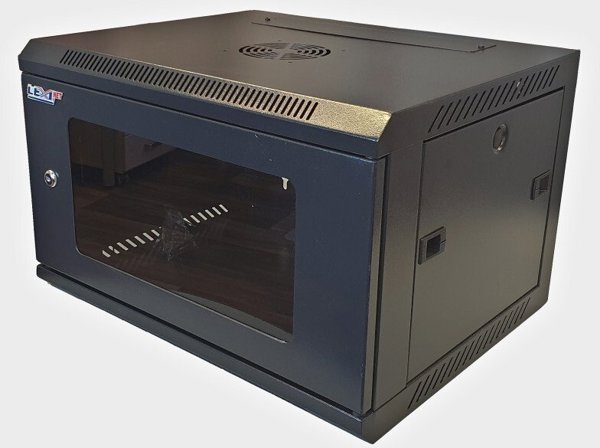 Szafa Lexi-NET LEXI-Net 19" nástěnný rozvaděč 6U 600x450, nosnost 60 kg, skleněné dveře, rozložený, černý