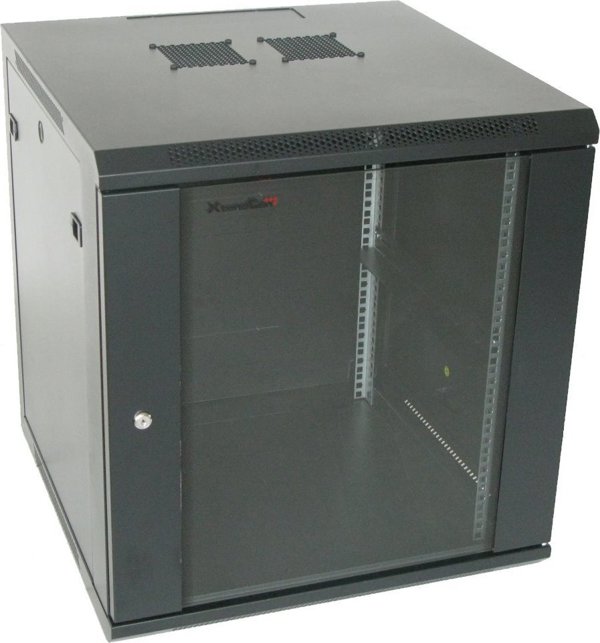 Szafa XtendLan 19 szafa rackowa scienna 12U 600x600, nosnosc 60 kg, szklane drzwi, rozlozony, czarny