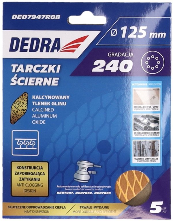 Tarczki scierne Anti-clog 125mm, #240, rzep, zestaw 5szt