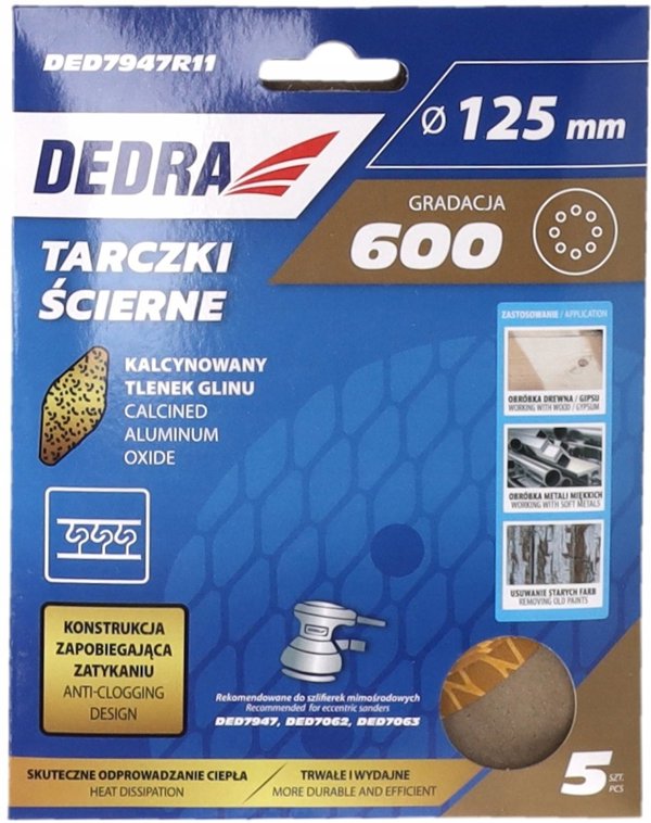 Tarczki scierne Anti-clog 125mm, #600, rzep, zestaw 5szt