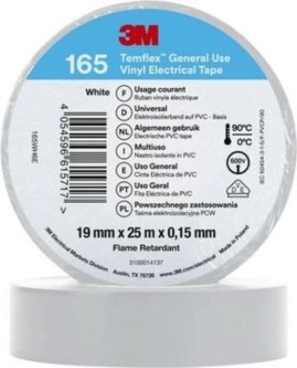 3M Temflex 165 Ηλεκτρομονωτική Ταινία PVC, Λευκή, 19mm x 20m, 7100184808