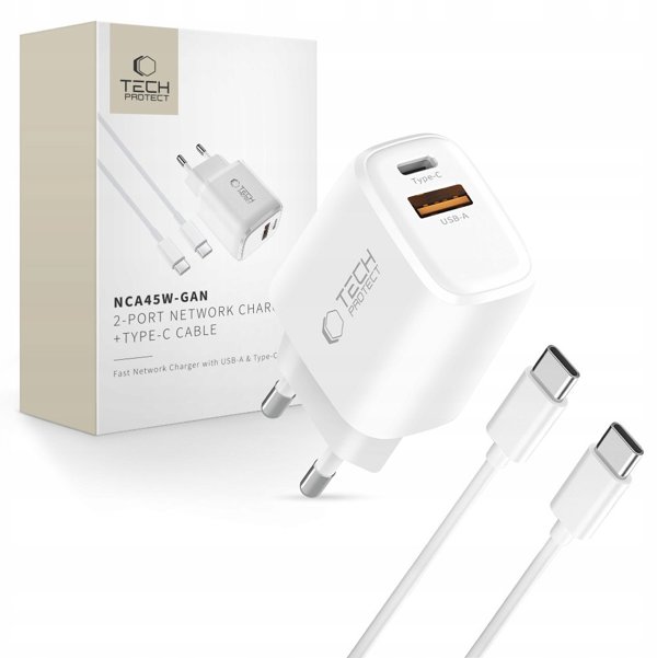 TECH-PROTECT NCA45W-GAN 2-PORT NETWORK CHARGER PD 45W / QC3.0 + TYPE-C CABLE WHITE