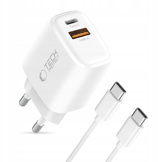 TECH-PROTECT NCA45W-GAN 2-PORT NETWORK CHARGER PD 45W / QC3.0 + TYPE-C CABLE WHITE
