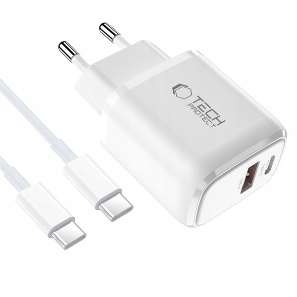 TECH-PROTECT NCA45W-GAN 2-PORT NETWORK CHARGER PD 45W / QC3.0 + TYPE-C CABLE WHITE