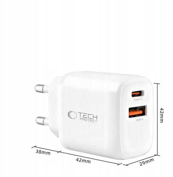 TECH-PROTECT NCA45W-GAN 2-PORT NETWORK CHARGER PD 45W / QC3.0 + TYPE-C CABLE WHITE