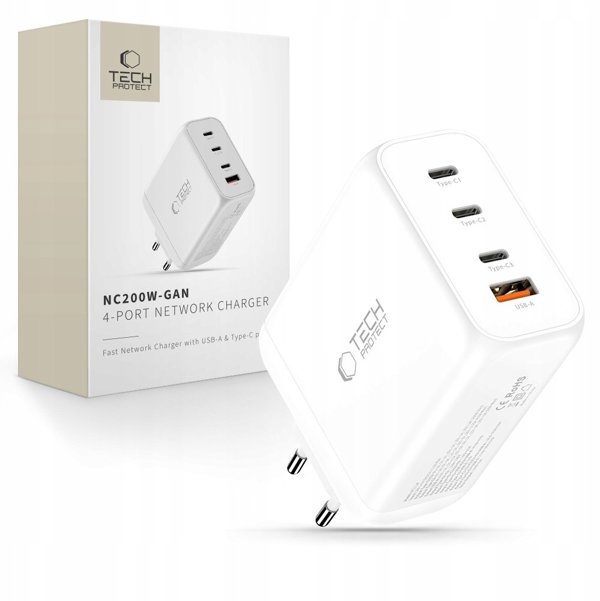 TECH-PROTECT NC200W-GAN 4-PORT NETWORK CHARGER PD 200W / QC3.0 WHITE
