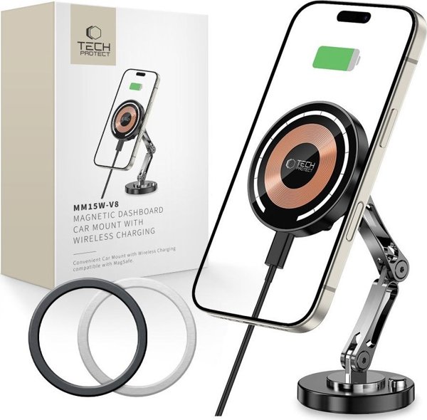 TECH-PROTECT MM15W-V8 MAGNETIC MAGSAFE DASHBOARD CAR MOUNT WIRELESS CHARGER 15W BLACK