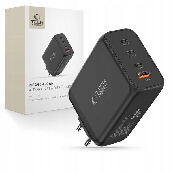 TECH-PROTECT NC240W-GAN 4-PORT NETWORK CHARGER PD 240W / QC3.0 BLACK