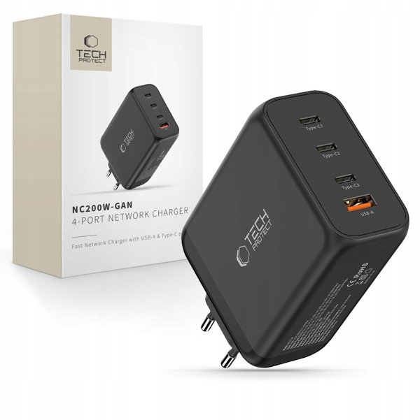 TECH-PROTECT NC200W-GAN 4-PORT NETWORK CHARGER PD 200W / QC3.0 BLACK