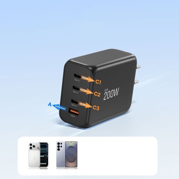 TECH-PROTECT NC200W-GAN 4-PORT NETWORK CHARGER PD 200W / QC3.0 BLACK