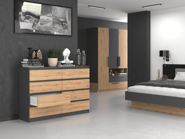 Topeshop Συρταριέρα Malwa M8 8 Συρταριών 140cm, Ανθρακί / Δρυς Artisan, 138x40x97cm