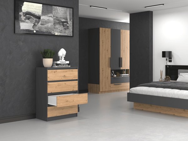 Topeshop Συρταριέρα Malwa M4 με 4 Συρτάρια, Ανθρακί και Δρυς Artisan
