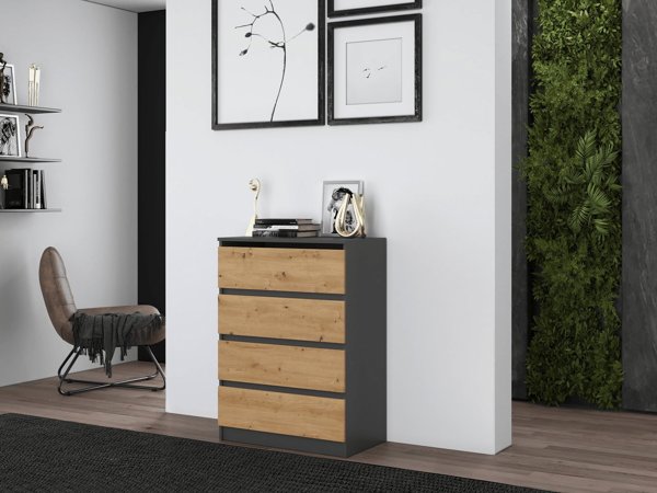 Topeshop Συρταριέρα Malwa M4 με 4 Συρτάρια, Ανθρακί και Δρυς Artisan