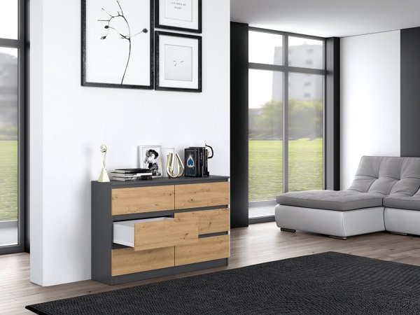 Topeshop Συρταριέρα Malwa M6 120cm με 6 Συρτάρια, Ανθρακί / Δρυς Artisan