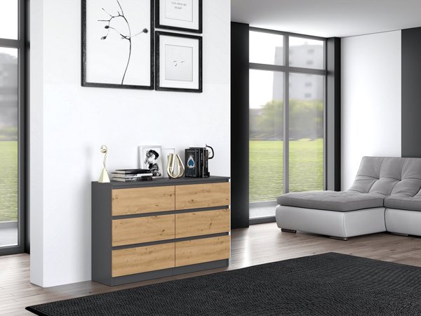 Topeshop Συρταριέρα Malwa M6 120cm με 6 Συρτάρια, Ανθρακί / Δρυς Artisan