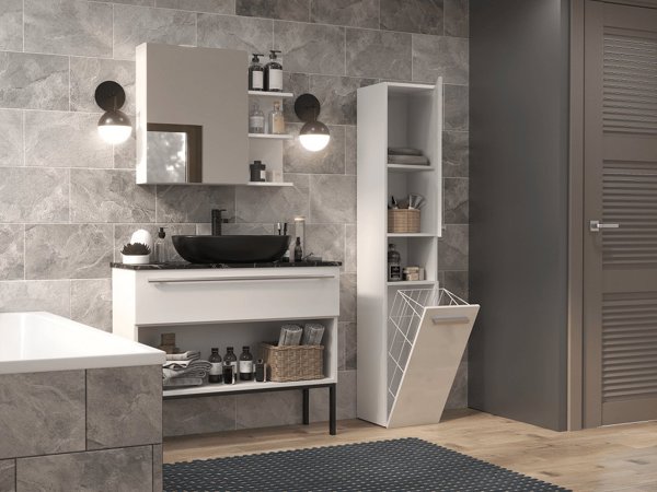 Topeshop Στήλη Μπάνιου NEL III με Καλάθι και Ράφια, Λευκό Γυαλιστερό, 174x30x30cm
