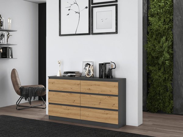 Topeshop Συρταριέρα Malwa M6 6 Συρτάρια 140εκ. Ανθρακί / Δρυς Artisan