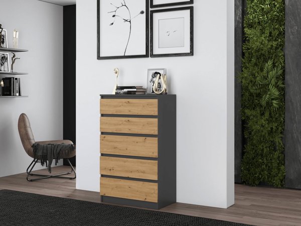 Topeshop Συρταριέρα Malwa M5, 5 Συρτάρια, Ανθρακί / Artisan, Μοντέρνος Σχεδιασμός
