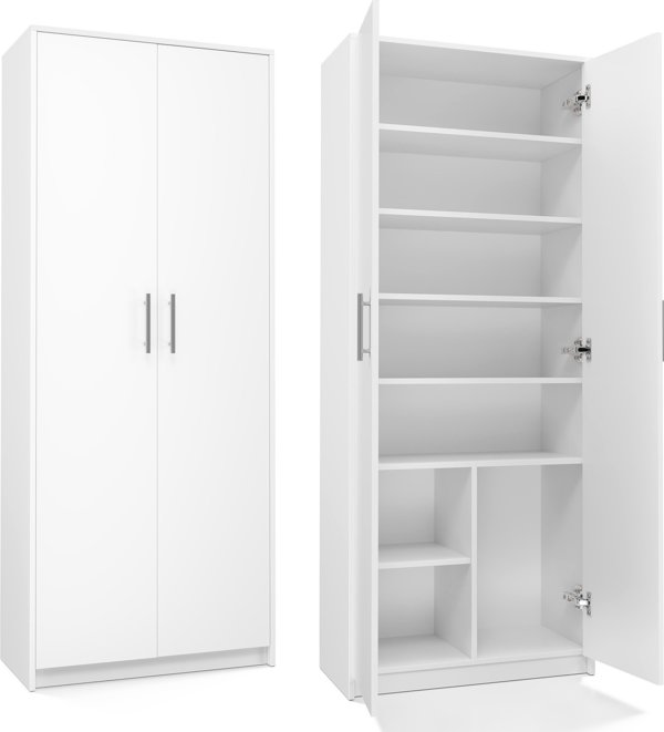 Topeshop Ραφιέρα Γραφείου Oliv 2D, Βιβλιοθήκη με 8 Ράφια και 2 Πόρτες, Λευκό Ματ, 16mm