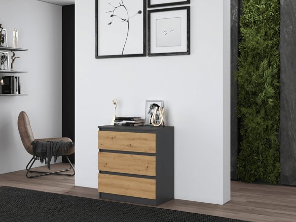 Topeshop Συρταριέρα Malwa M3 με 3 Συρτάρια, Ανθρακί / Δρυς Artisan, Μοντέρνα Σχεδίαση
