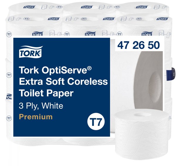 Tork Optiserve - Εξαιρετικά απαλό χαρτί υγείας σε ρολό χωρίς γυαλί, T7, Premium, 3-στρώσεων, 18 550 φύλλα - Λευκό