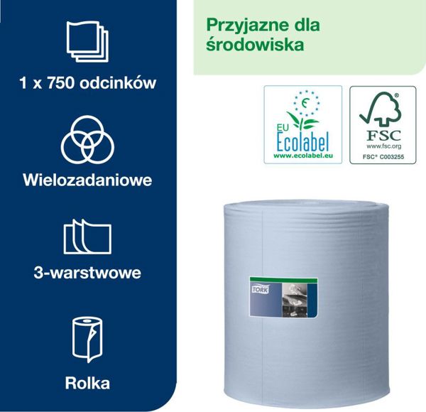 Tork 130080 Χαρτί Καθαρισμού Βιομηχανικό, 3-Στρώσεων, 255m, Μπλε, 750 Φύλλα