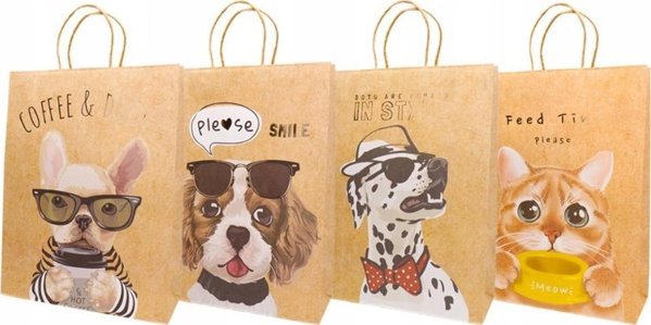 Torba prezentowa 32x42 kraft, psy, kot mix