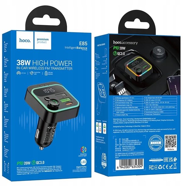 Transmiter samochodowy bluetooth Hoco QC3.0 PD 20W E85 czarny