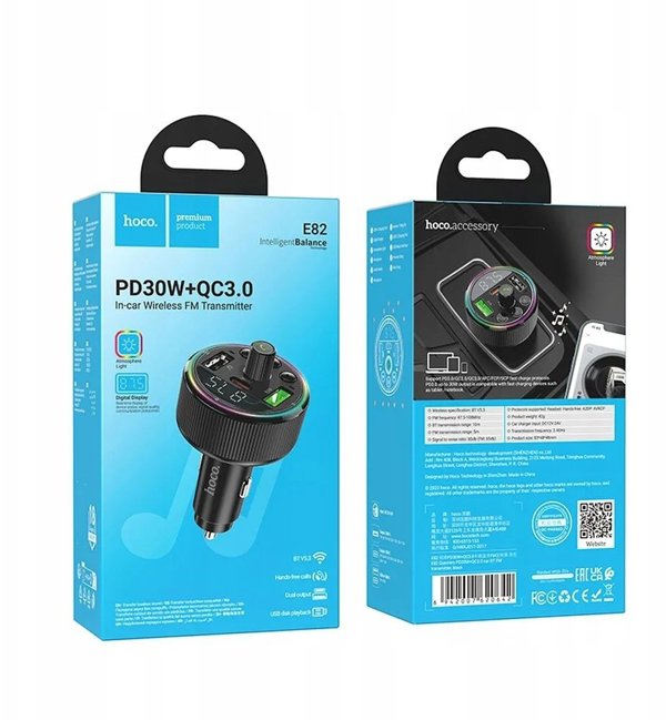 Transmiter samochodowy bluetooth Hoco 2 x USB A + USB C QC3.0 PD 30W E82 czarny