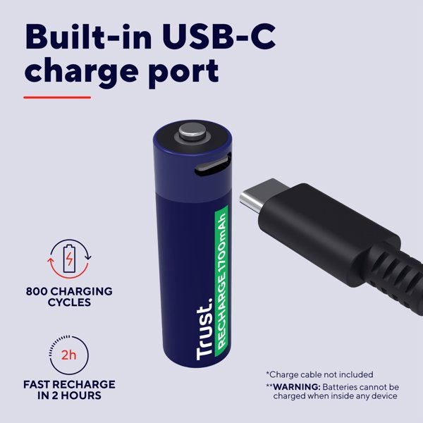 Trust Επαναφορτιζόμενες Μπαταρίες AA, USB-C, 1.5V, 2 Τεμάχια