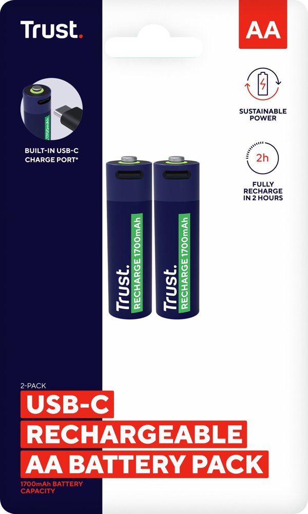 Trust Επαναφορτιζόμενες Μπαταρίες AA, USB-C, 1.5V, 2 Τεμάχια