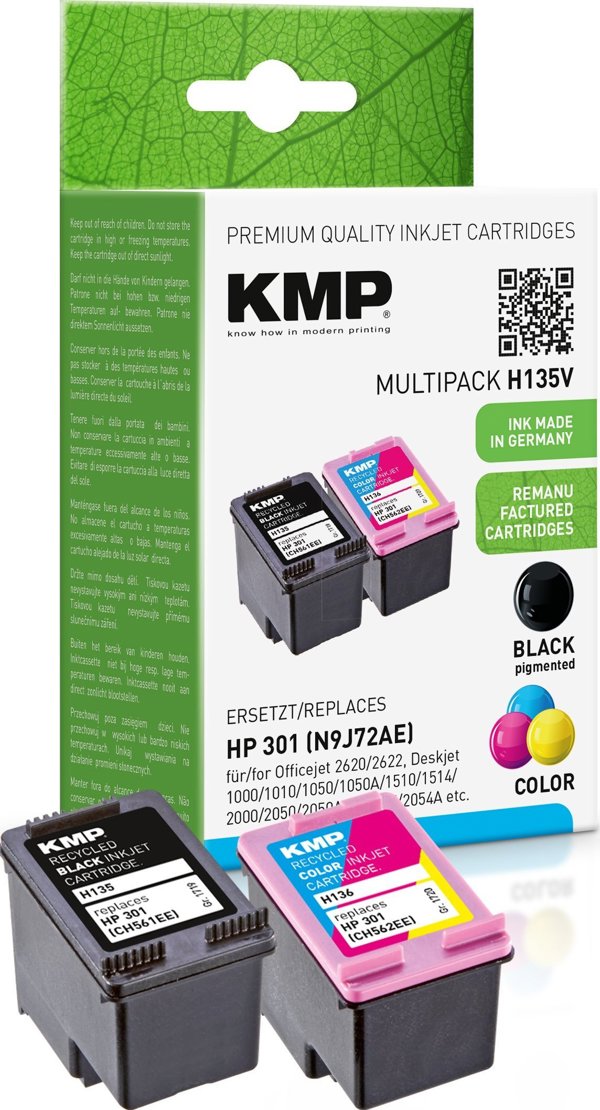 Μελάνι KMP KMP MULTIPACK H135V - 2er-Pack - Μαύρο, Χρώμα (Κυανό, Ματζέντα, Κίτρινο) - συμβατό - Φυσίγγιο μελανιού (Εναλλακτικό για: HP 301, HP CH561EE, HP CH562EE) - για Deskjet 1050A J410, 1051A J410, 10XX, 10XX J410, 15XX, 2000, 2050 J510, 2050A J510