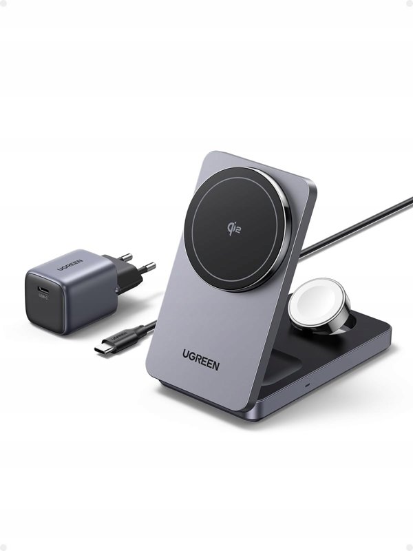UGREEN W707 3-in-1 15W Magnetic Wireless Desktop Charger fuer iPhone, AirPods und Watch klappbar grau