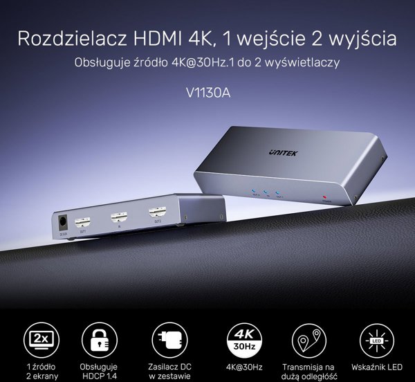 Unitek HDMI Splitter 1 In 2 Out 4K UHD, Διαχωριστής Σήματος HDMI