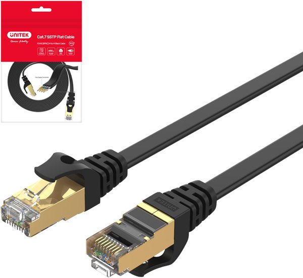 Unitek Καλώδιο Δικτύου Cat 7, SSTP, Flat, 10Gbps, 2m, Μαύρο (C1897BK-2M)