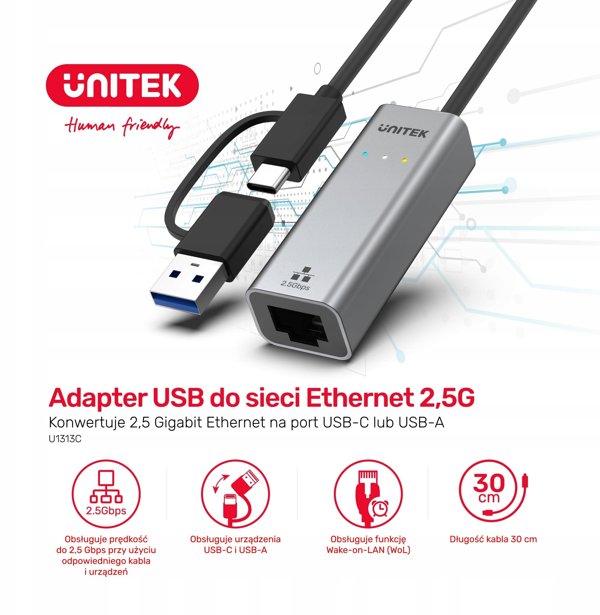 Unitek Hybrydowy adapter USB-C/USB-A do sieci Gigabit Ethernet 2,5G
