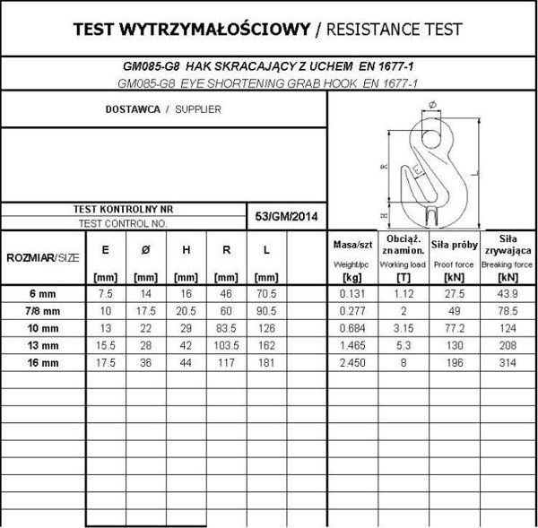 Unimet Hak Skracajacy Z Uchem 7/8mm WLL 2T G8 EN1677-1