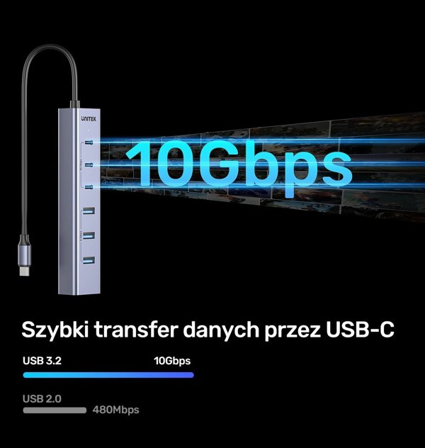 Unitek Aktywny Hub USB-C  3x USB-C 10Gbps  4x USB-A 5 Gbps z zasilaczem