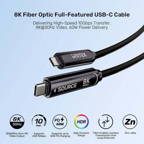 Unitek Καλώδιο USB-C σε USB-C Οπτικής Ίνας, 10Gbps, PD60W, 8K@30Hz, 10m