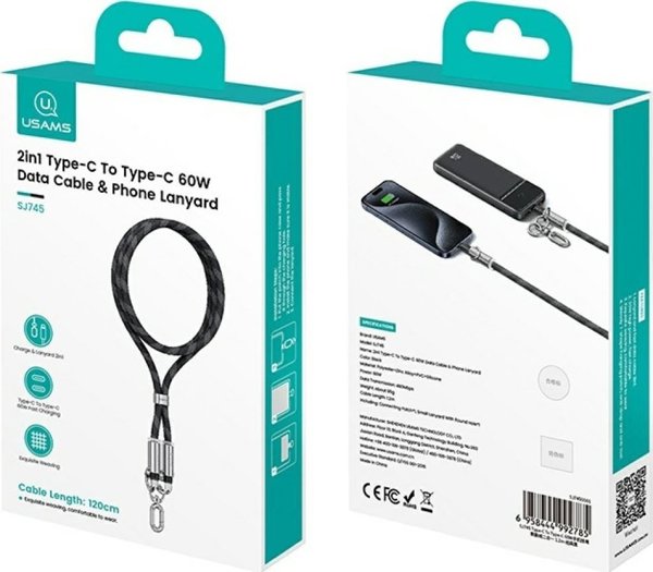 Usams Smycz do telefonu z kablem do ladowania SJ745 60W USB-C do USB-C 1.2m rozowy