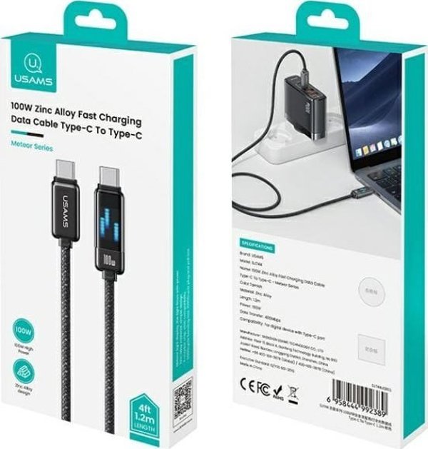 Καλώδιο Usams Meteor Series USB-C σε USB-C 100W, 1.2m, Γρήγορης Φόρτισης, από Κράμα Ψευδαργύρου, Μαύρο (US-SJ744)