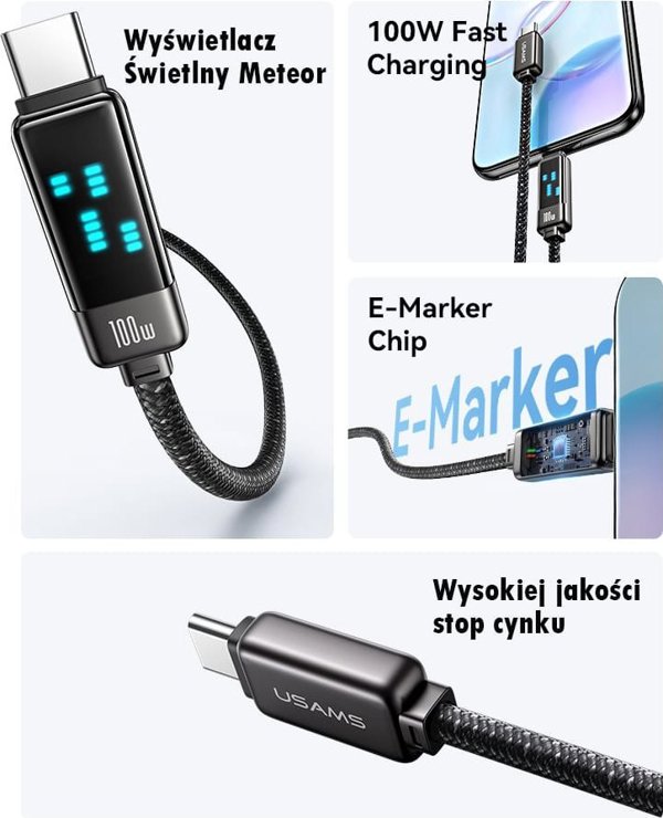 Καλώδιο Usams Meteor Series USB-C σε USB-C 100W, 1.2m, Γρήγορης Φόρτισης, από Κράμα Ψευδαργύρου, Μαύρο (US-SJ744)