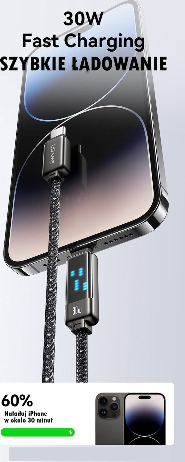 Usams Καλώδιο Meteor US-SJ743 USB-C σε Lightning 30W 1.2m, Γρήγορης Φόρτισης, από Κράμα Ψευδαργύρου, Μαύρο