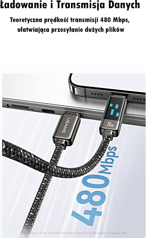 Usams Καλώδιο Meteor US-SJ743 USB-C σε Lightning 30W 1.2m, Γρήγορης Φόρτισης, από Κράμα Ψευδαργύρου, Μαύρο