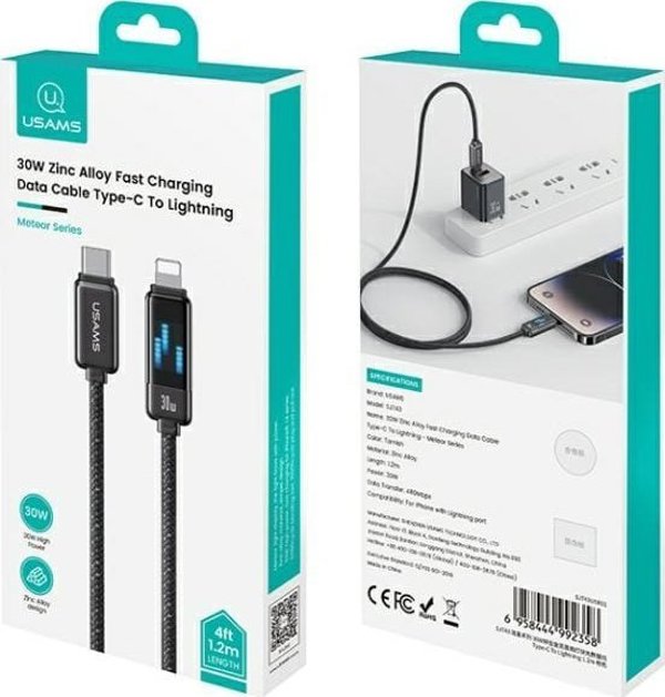 Usams Καλώδιο Meteor US-SJ743 USB-C σε Lightning 30W 1.2m, Γρήγορης Φόρτισης, από Κράμα Ψευδαργύρου, Μαύρο