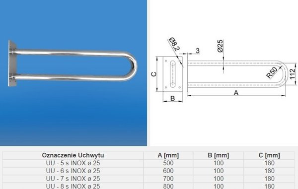UU-7S INOX / CORRADOMED / UCHWYT UMYWALKOWY NA BLASZE INOX 700MM FI25