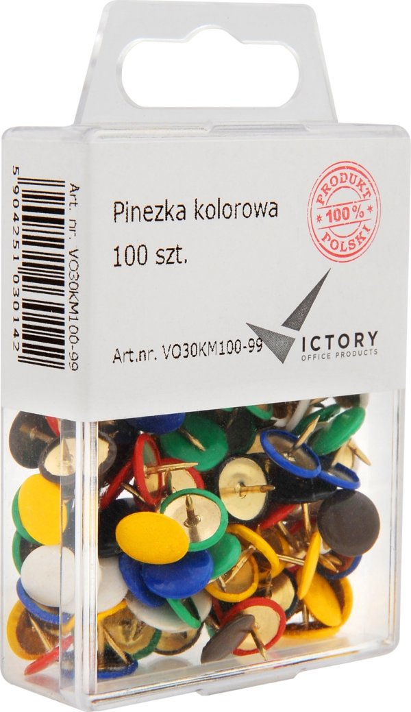 Victory Office Πινέζες Πολύχρωμες, 100 Τεμάχια, Διάμετρος Κεφαλής 9.5mm, Μήκος 8mm, Σε Πλαστικό Δοχείο