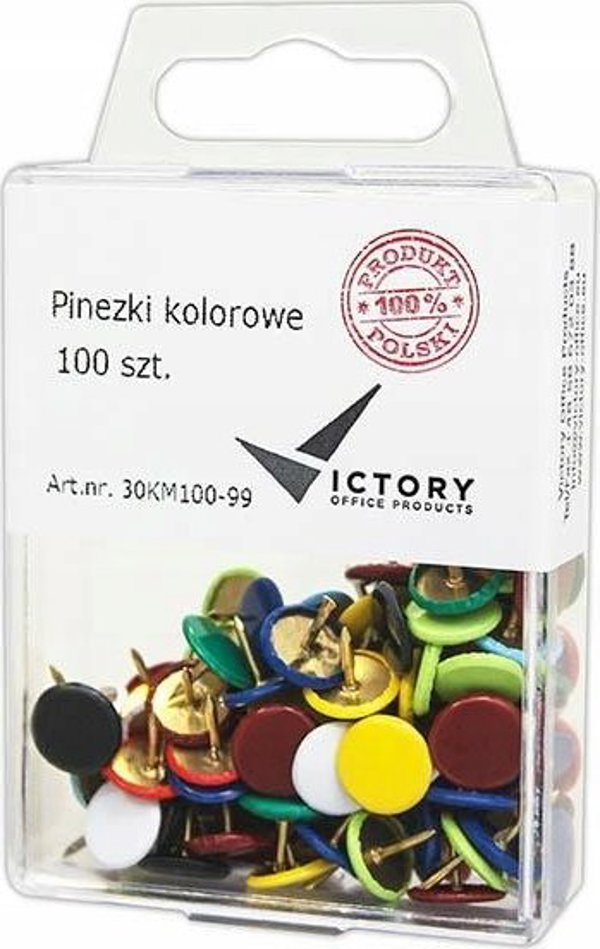 Victory Office Πινέζες Πολύχρωμες, 100 Τεμάχια, Διάμετρος Κεφαλής 9.5mm, Μήκος 8mm, Σε Πλαστικό Δοχείο
